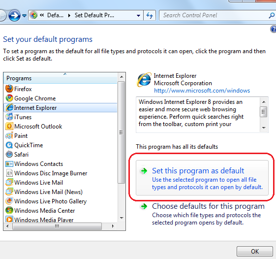 Set Default Program in the Control Panel
