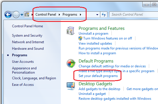 Set Default Program in the Control Panel